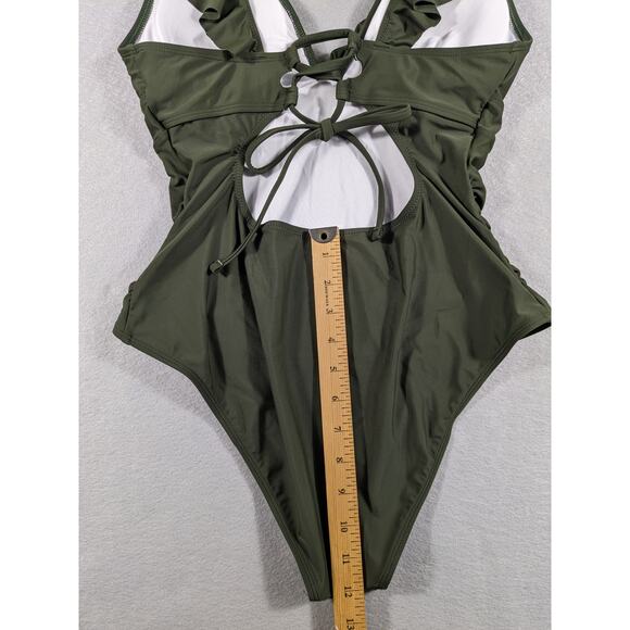 NWT Cupshe Swim Suit Women's Large Dark Sage Green One Piece Ruffle Tie Closure - Picture 11 of 12